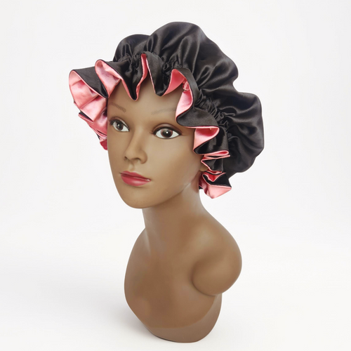 Elastic Ruffle Bonnet (Two Toned)-black/pink