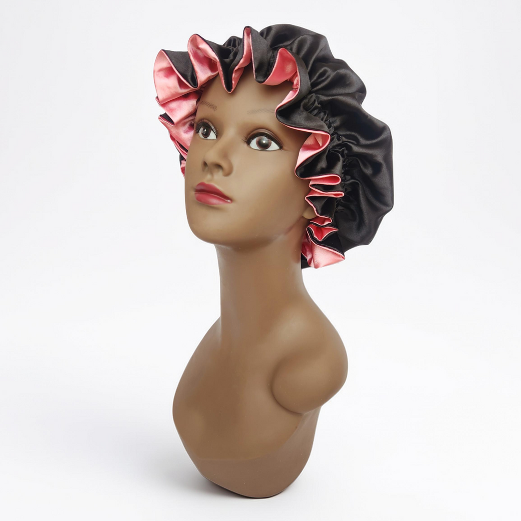 Elastic Ruffle Bonnet (Two Toned)-black/pink