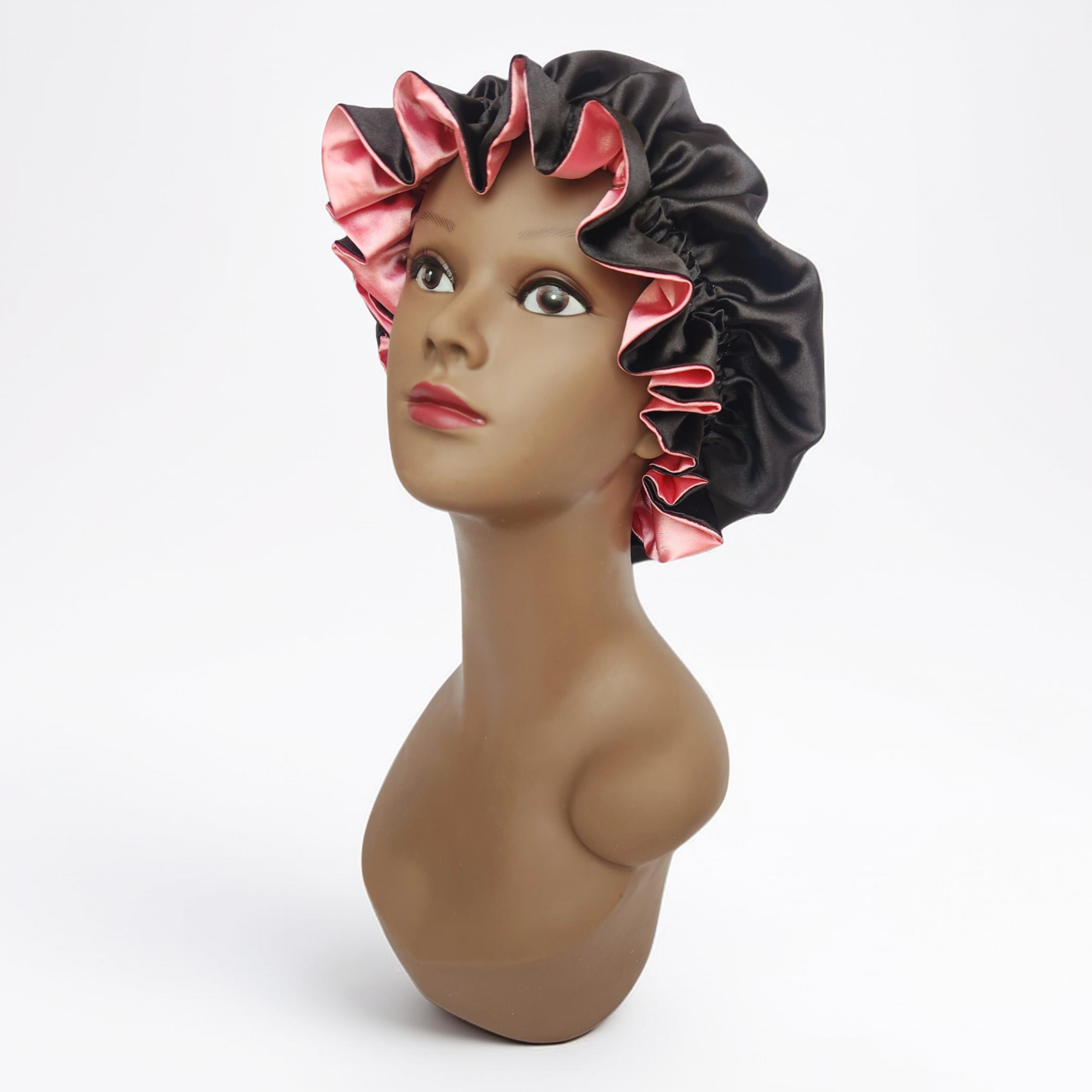 Elastic Ruffle Bonnet (Two Toned)-black/pink