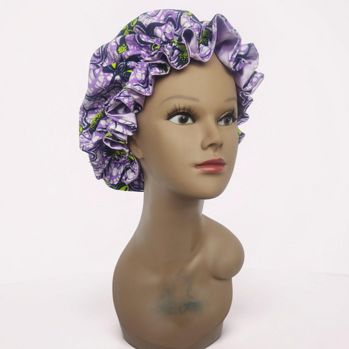 African Print Purple Satin Elastic Bonnet