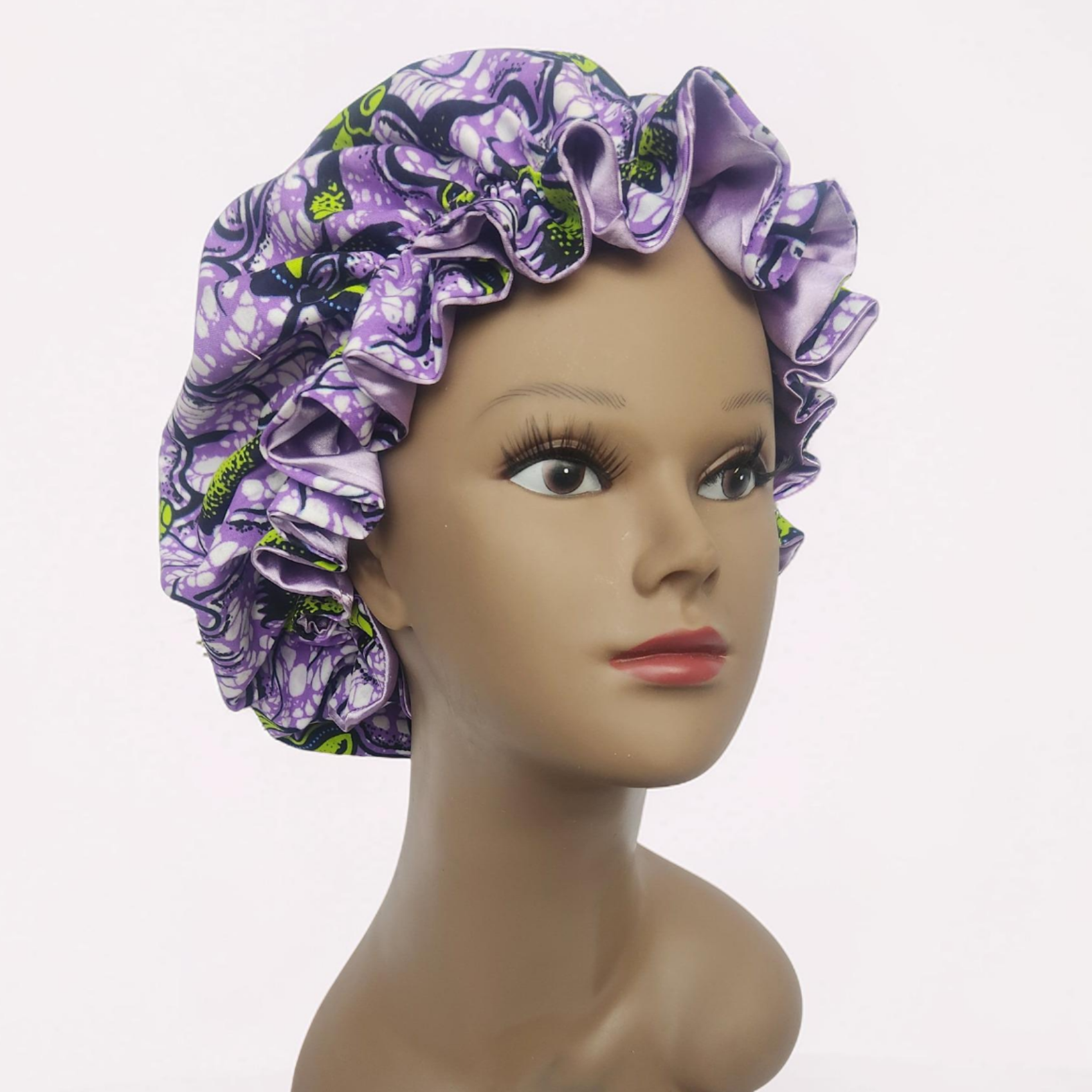 African Print Purple Satin Elastic Bonnet